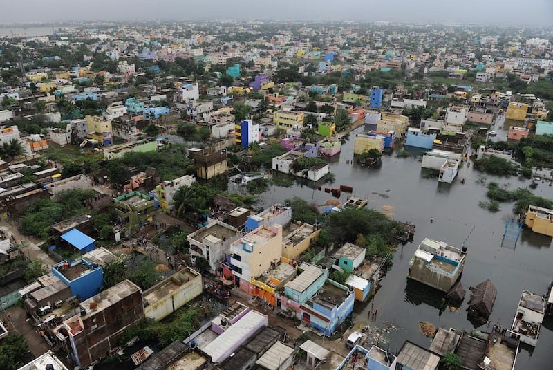 An aerial view of flood-ravaged Chennai. Heavy rain and flooding has killed nearly 300 people in the Indian city since last month. AFP