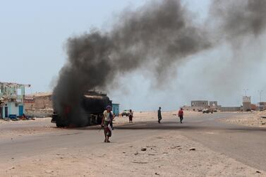 An oil tanker burns near Aden, Yemen. Wail Al Qubaty / AP Photo