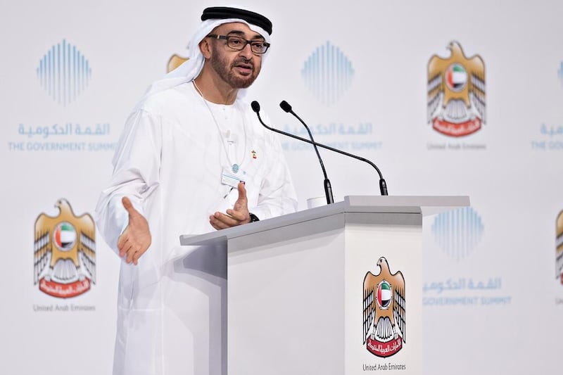 Sheikh Mohammed bin Zayed Al Nahyan, Crown Prince of Abu Dhabi and Deputy Supreme Commander of the UAE Armed Forces, delivers the main address speech on the opening day of The Government Summit



( Ryan Carter / Crown Prince Court - Abu Dhabi )

---