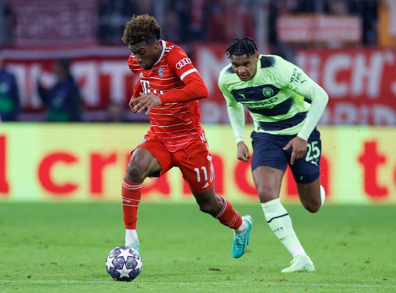 Bayern Munich's Kingsley Coman breaks away from Manchester City's Manuel Akanji. Reuters