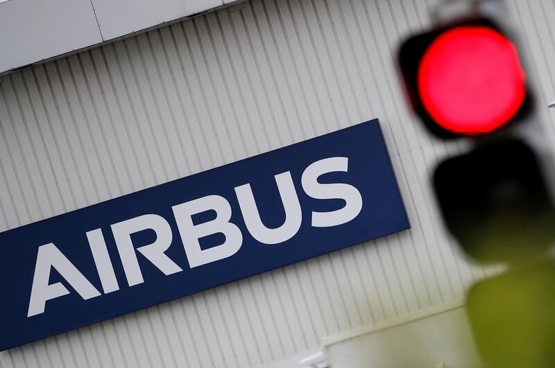 FILE PHOTO: The logo of Airbus is pictured at the entrance of the Airbus facility in Bouguenais, near Nantes, France, June 30, 2020. REUTERS/Stephane Mahe/File Photo