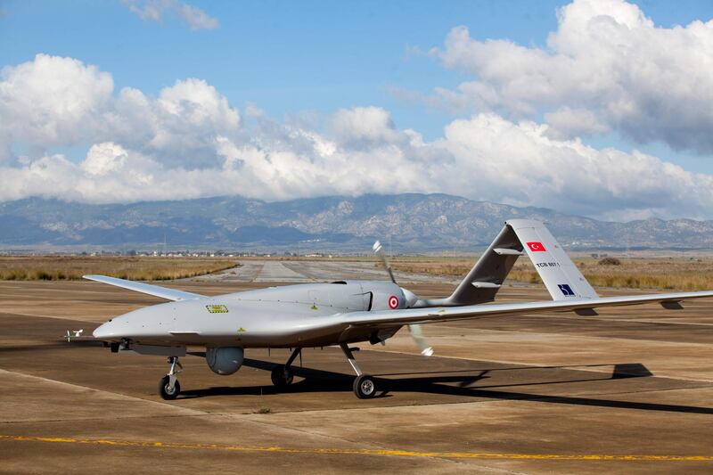 The Bayraktar TB2 drone is pictured on December 16, 2019 at Gecitkale Airport in Famagusta in the self-proclaimed Turkish Republic of Northern Cyprus (TRNC). The Turkish military drone was delivered to northern Cyprus today amid growing tensions over Turkey's deal with Libya that extended its claims to the gas-rich eastern Mediterranean. The Bayraktar TB2 drone landed in Gecitkale Airport in Famagusta around 0700 GMT, an AFP correspondent said, after the breakaway northern Cyprus government approved the use of the airport for unmanned aerial vehicles. It followed a deal signed last month between Libya and Turkey that could prove crucial in the scramble for recently discovered gas reserves in the eastern Mediterranean.
 / AFP / Birol BEBEK
