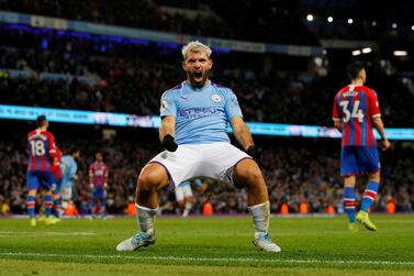 FILE PHOTO: Soccer Football - Premier League - Manchester City v Crystal Palace - Etihad Stadium, Manchester, Britain - January 18, 2020 Manchester City's Sergio Aguero celebrates scoring their second goal REUTERS/Phil Noble/File Photo EDITORIAL USE ONLY. No use with unauthorized audio, video, data, fixture lists, club/league logos or "live" services. Online in-match use limited to 75 images, no video emulation. No use in betting, games or single club/league/player publications. Please contact your account representative for further details.