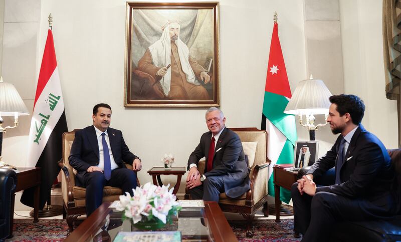 King Abdullah II, accompanied by Crown Prince Al Hussein, holds talks with Mr Al Sudani and reaffirms pride in the deep-rooted ties between Jordan and Iraq, and keenness to advance co-operation across all levels. Photo: Royal Hashemite Court