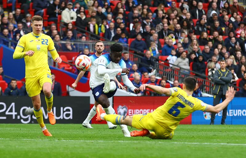 England's Bukayo Saka scores the second goal. Reuters