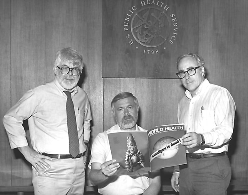 FOR MALARIA / SMALPOX GALLERY. Three former directors of the Global Smallpox Eradication Program, Dr J. Donald Millar, Dr William H. Foege and Dr J. Michael Lane, holding world Health magazine, 1980. Image courtesy Centers for Disease Control (CDC). (Photo by Smith Collection/Gado/Getty Images)