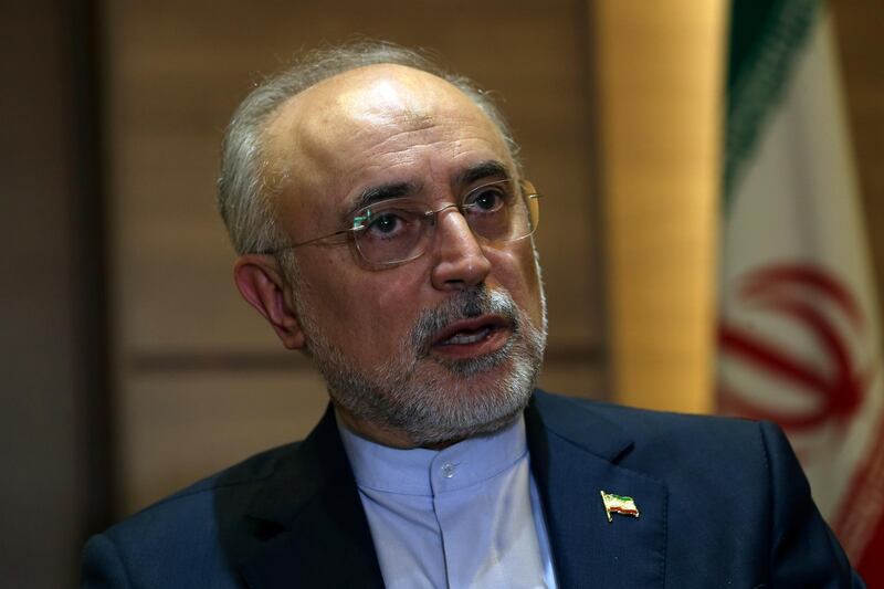 FILE - In this Sept. 11, 2018 file photo, Iran's nuclear chief Ali Akbar Salehi speaks in an interview with The Associated Press at the headquarters of Iran's atomic energy agency, in Tehran, Iran. Salehi told Iranian state television on Sunday, Jan. 13, 2019 that the Islamic Republic has begun "preliminary activities for designing" a modern process for 20-percent uranium enrichment for its 50-year-old research reactor in Tehran, signaling new danger for the nuclear deal. (AP Photo/Vahid Salemi, File)