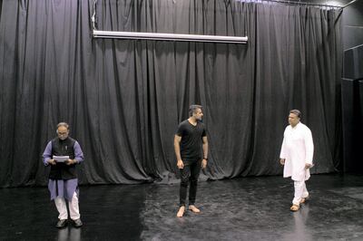 DUBAI, UNITED ARAB EMIRATES - AUG 5: 

The cast of the play, ‘Mian Biwi aur Wagah’ (Husband Wife and the Wagah Border), rehearse before their show on August 11 in The Junction.

The play beckons a memorable homecoming experience for the lovers of Urdu theatre and the lost tradition of letter-writing.

(Photo by Reem Mohammed/The National)

Reporter: Saeed Saeed
Section: AC