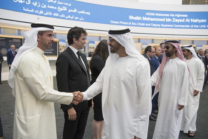 Sheikh Mohammed said ADGM, along with other financial markets in the UAE, plays a vital role in consolidating the position of the UAE as one of the leading international business and financing hubs. Hamad Al Kaabi / Crown Prince Court - Abu Dhabi