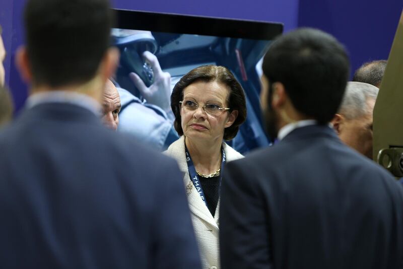 ABU DHABI , UNITED ARAB EMIRATES – Feb 19 , 2017 : Pascale Sourisse , VP , Thales ( center ) at the Thales stand on the first day of IDEX 2017 annual exhibition held at ADNEC in Abu Dhabi. ( Pawan Singh / The National ) For Business. Story by Sananda Sahoo. ID No - 98628
 *** Local Caption ***  PS1902- IDEX22.jpg