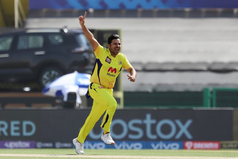 Shardul Thakur of Chennai Super Kings celebrates the wicket of Venkatesh Iyer. Sportzpics for IPL