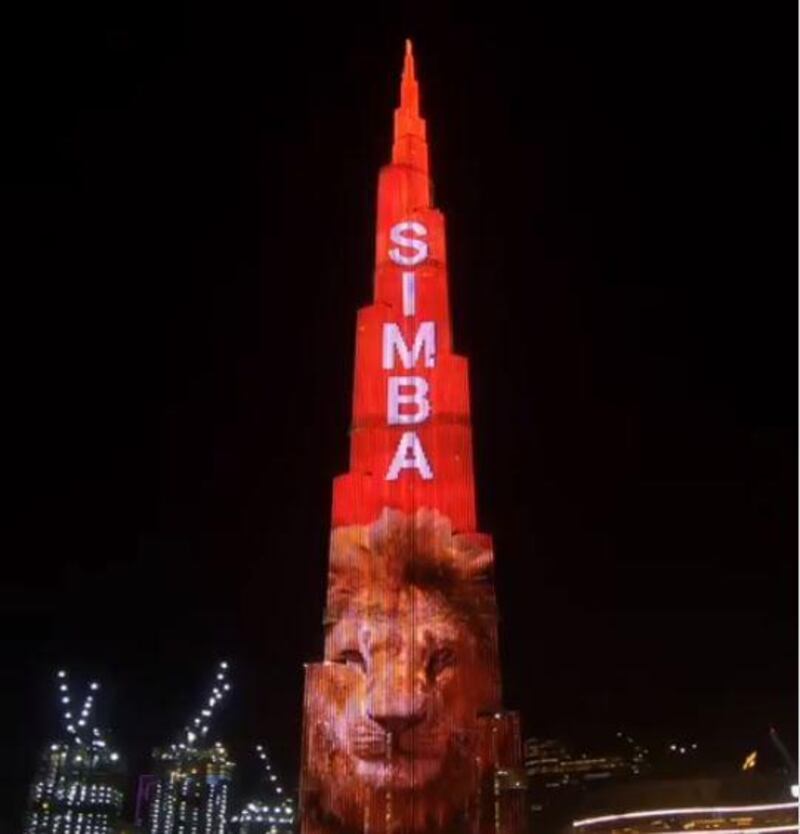 Burj Khalifa lights up to celebrate Disney's latest release, The Lion King. Emaar