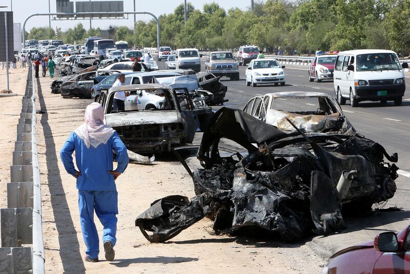 DUBAI, UNITED ARAB EMIRATES- March 11:  View of accident site on Sheikh Zayed Road from Abu Dhabi towards Dubai near Ghantoot area. (Pawan Singh / Abu Dhabi Media Company) Fog Tuesday
Fog crash
