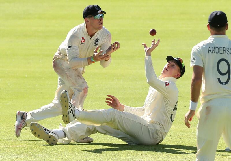 England's Zak Crawley catches out South Africa's Anrich Nortje. Reuters