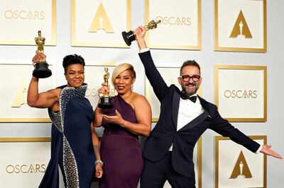 Mia Neal, Jamika Wilson and Sergio Lopez-Rivera, winners of the award for Best Makeup and Hairstyling for "Ma Rainey's Black Bottom" pose in the press room at the Oscars, in Los Angeles, California, U.S., April 25, 2021. Chris Pizzello/Pool via REUTERS