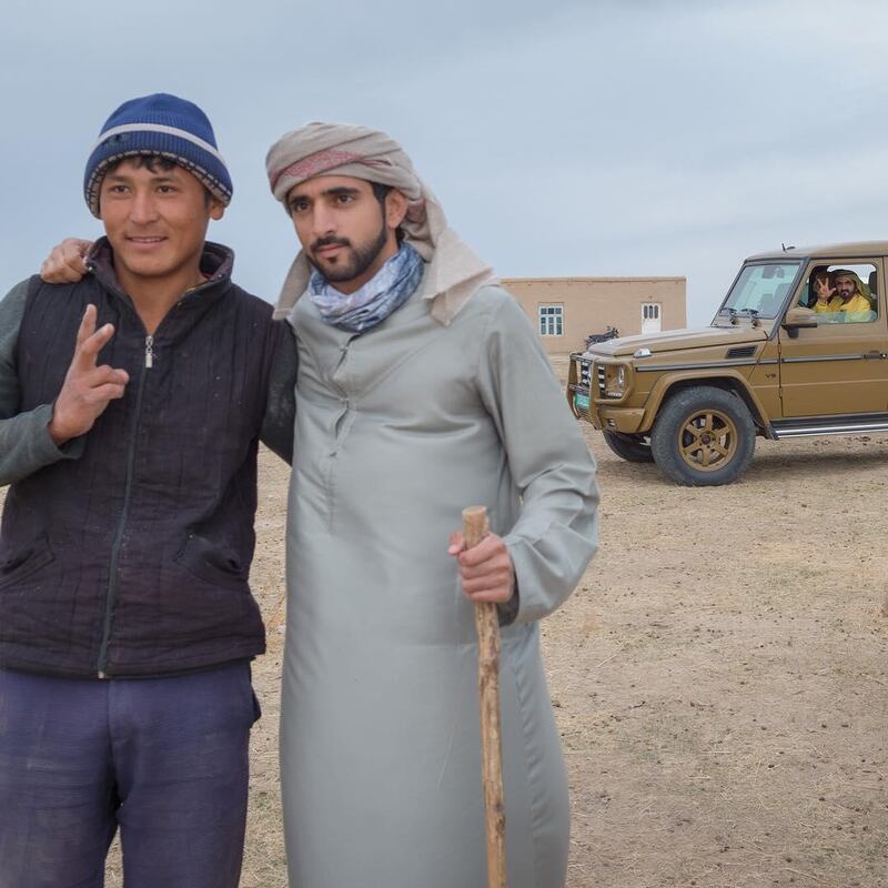 In one of his favourite places, Uzbekistan, back in 2015. Spot his dad, Sheikh Mohammed bin Rashid, prime minister of the UAE and ruler of Dubai, doing his signature move in the background. Instagram / Faz3