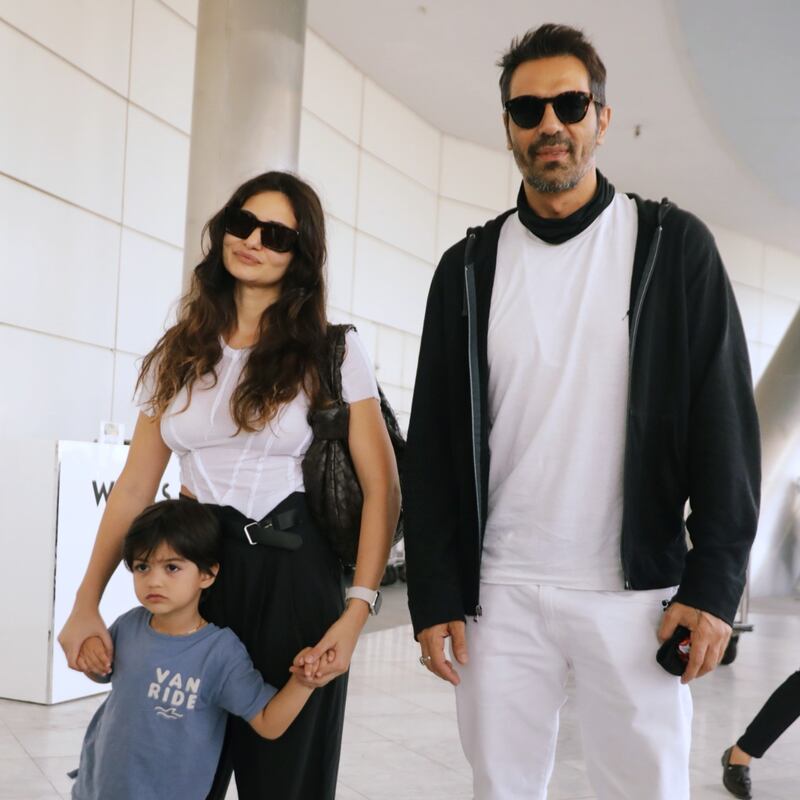 Arjun Rampal with girlfriend Gabriella Demetriades and their son Arik arrive at the W Abu Dhabi - Yas Island.