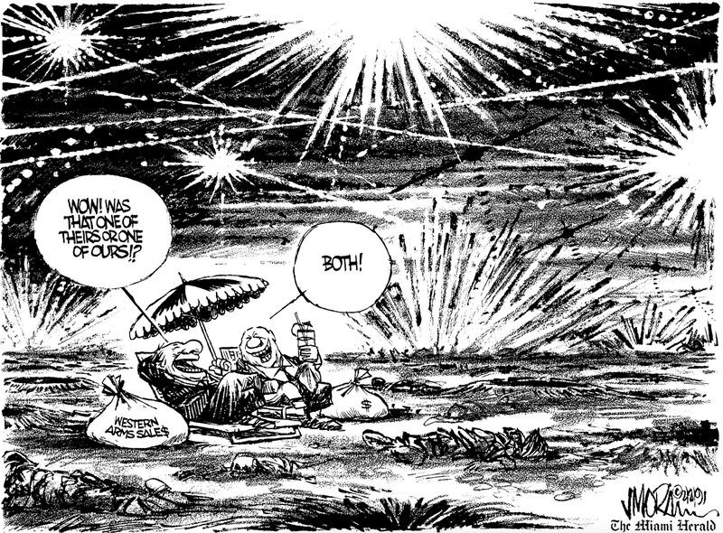 Arms dealers celebrate as the Gulf War begins in this 1991 cartoon by Mr Morin.