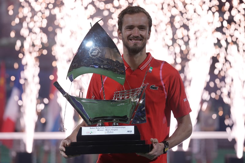Daniil Medvedev after beating Andrey Rublev to win the Dubai Tennis Championships title. AP