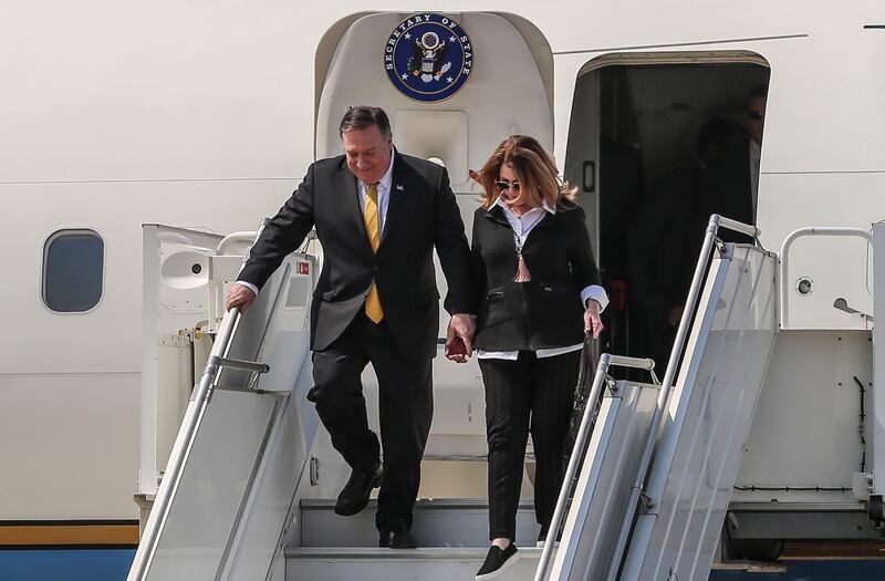 epa07455867 US Secretary of State Mike Pompeo (L) with his wife Susan upon their arrival at Beirut International airport in Beirut, Lebanon, 22 March 2019. Pompeo arrived in Beirut on the last leg of his five-day Mideast tour that also took him to Kuwait and Israel.  EPA/NABIL MOUNZER