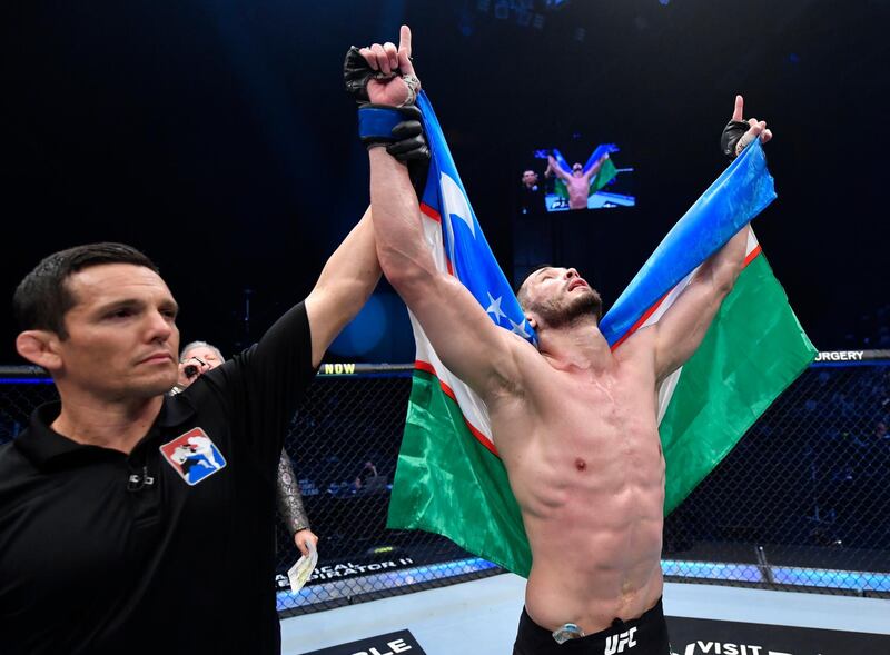 ABU DHABI, UNITED ARAB EMIRATES - JANUARY 23: Makhmud Muradov of Uzbekistan reacts after his TKO victory over Andrew Sanchez in a middleweight fight during the UFC 257 event inside Etihad Arena on UFC Fight Island on January 23, 2021 in Abu Dhabi, United Arab Emirates. (Photo by Jeff Bottari/Zuffa LLC)