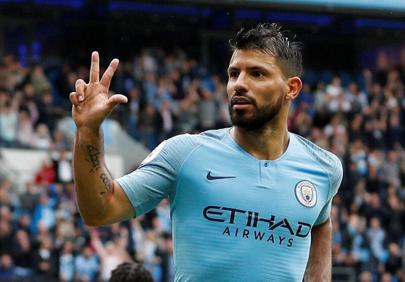 Soccer Football - Premier League - Manchester City v Huddersfield Town - Etihad Stadium, Manchester, Britain - August 19, 2018  Manchester City's Sergio Aguero celebrates scoring their fifth goal to complete his hat-trick                REUTERS/Darren Staples  EDITORIAL USE ONLY. No use with unauthorized audio, video, data, fixture lists, club/league logos or "live" services. Online in-match use limited to 75 images, no video emulation. No use in betting, games or single club/league/player publications.  Please contact your account representative for further details.