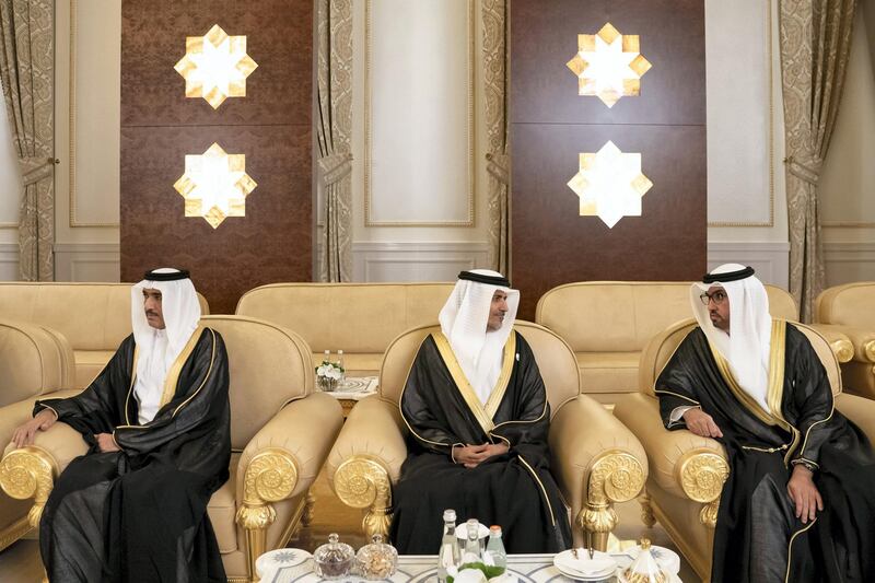 ABU DHABI, UNITED ARAB EMIRATES - November 13, 2019: (R-L) HE Dr Sultan Ahmed Al Jaber, UAE Minister of State, Chairman of Masdar and CEO of ADNOC Group, HE Ali Mohamed Hammad Al Shamsi, Deputy Secretary-General of the UAE Supreme National Security Council and HE Ahmed Juma Al Zaabi, UAE Deputy Minister of Presidential Affairs, receive HE Abdel Fattah El Sisi, President of Egypt (not shown), at the Presidential Airport.

( Mohamed Al Hammadi / Ministry of Presidential Affairs )
---