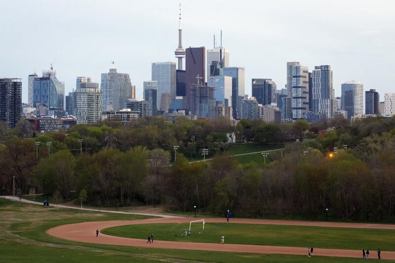 Riverdale Park and the downtown skyline are seen in Toronto, Ontario, Canada, on Tuesday, May 19, 2020. Ontario entered its first stage of reopening many businesses such as retail stores Tuesday, even as the number of new Covid-19 cases rose and the province extended its emergency orders, Canadian Press reported. Photographer: Cole Burston/Bloomberg via Getty Images