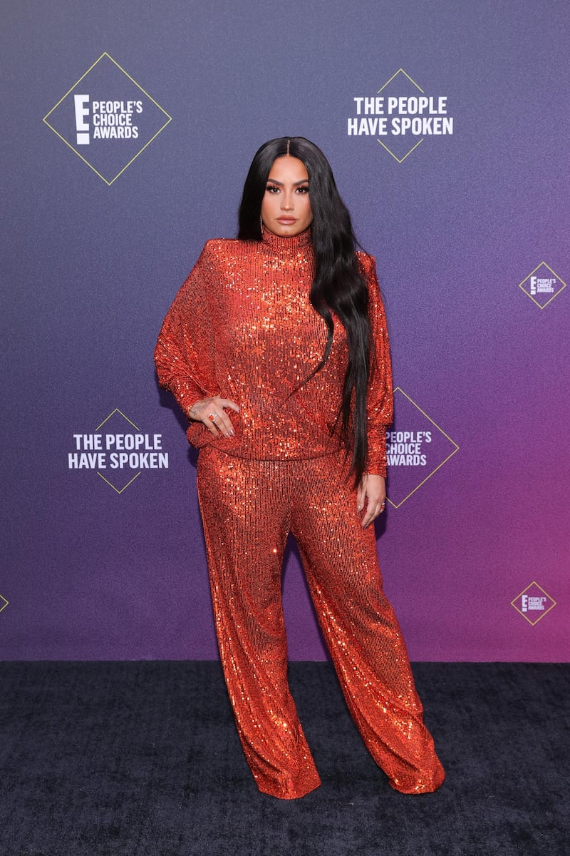 SANTA MONICA, CALIFORNIA - NOVEMBER 15: 2020 E! PEOPLE'S CHOICE AWARDS -- In this image released on November 15, Demi Lovato arrives at the 2020 E! People's Choice Awards held at the Barker Hangar in Santa Monica, California and on broadcast on Sunday, November 15, 2020. (Photo by Rich Polk/E! Entertainment/NBCU Photo Bank via Getty Images)