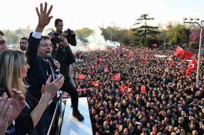 ISTANBUL, TURKEY - APRIL 17: Newly elected Mayor of Istanbul Ekrem Imamoglu of the main opposition Republican People's Party (CHP) addresses his supporters in front of Istanbul Municipality after taking the office on April 17, 2019 in Istanbul, Turkey. Imamoglu was invited by the provincial electoral board after the Justice and Development Party's (AK Party) appeal over voting irregularities was denied by the Supreme Election Council.  (Photo by Burak Kara/Getty Images) ***BESTPIX***