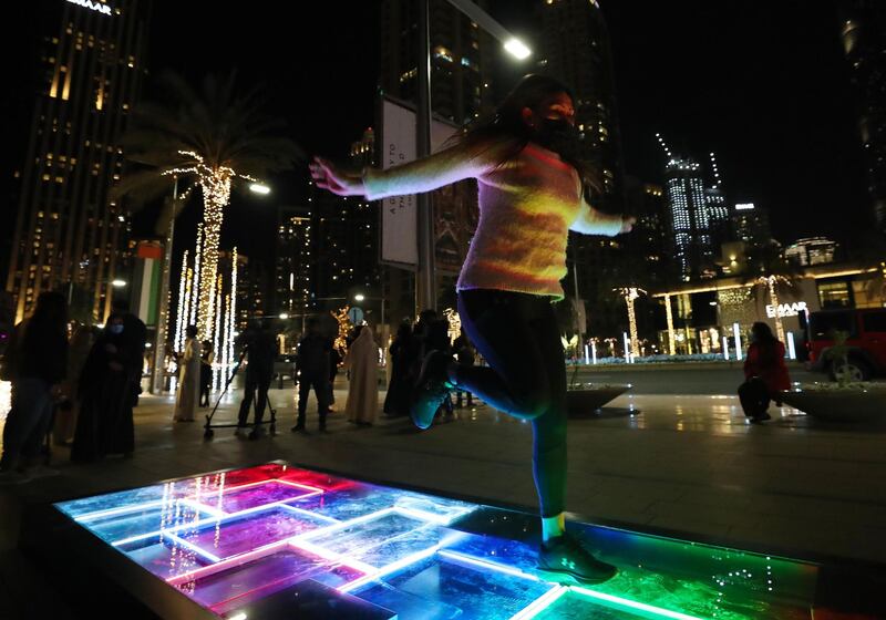 Dubai, United Arab Emirates - Reporter: N/A. News. Art. Al Hai, a series of enthralling light installations adorning Downtown Dubai Boulevard. This piece is called Al Saha. Dubai. Thursday, January 5th, 2021. Chris Whiteoak / The National