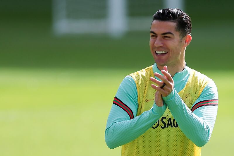 Portugal's player Cristiano Ronaldo reacts during a training session at Bessa stadium in Porto, Portugal, 27 March 2022.  Portugal will face North Macedonia in their FIFA World Cup Qatar 2022 play-off qualifying soccer match on 29 March 2022.   EPA / MANUEL FERNANDO ARAUJO