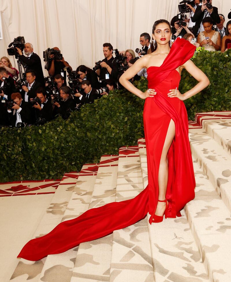 Deepika Padukone in scarlet red Prabal Gurung.EPA