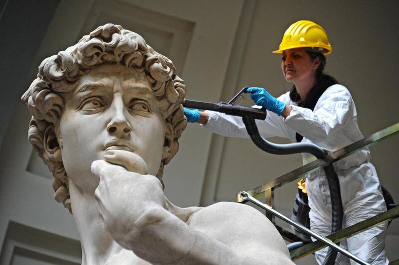 Michelangelo’s David undergoes cleaning operations and biannual maintenance at the Accademia Gallery in Florence, Italy, on February 29, 2016. The marble statue was created between 1501 and 1504. Maurizio Degl’ Innocenti / ANSA via AP