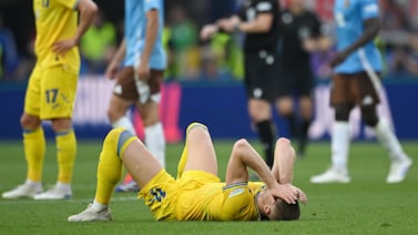 STUTTGART, GERMANY - JUNE 26: Artem Dovbyk of Ukraine looks dejected , as Ukraine are eliminated from EURO 2024 after finishing in fourth place in Group E, after the UEFA EURO 2024 group stage match between Ukraine and Belgium at Stuttgart Arena on June 26, 2024 in Stuttgart, Germany. (Photo by Clive Mason / Getty Images)