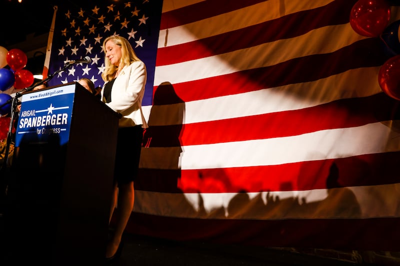 Representative Abigail Spanberger, of the Democratic party, speaks to supporters after her re-election, in Fredericksburg, Virginia. AP