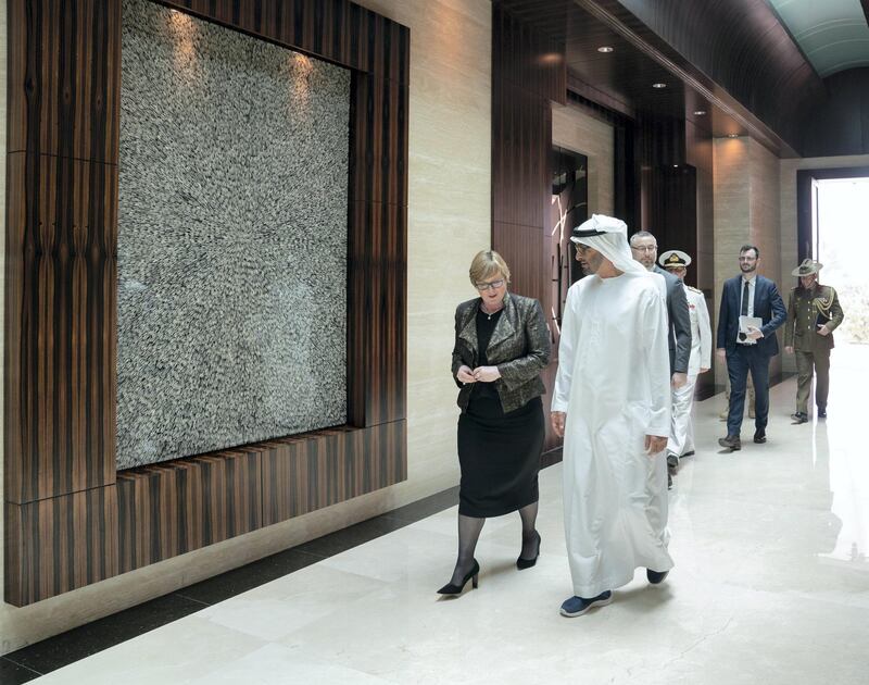 ABU DHABI, UNITED ARAB EMIRATES - July 14, 2019: HH Sheikh Mohamed bin Zayed Al Nahyan, Crown Prince of Abu Dhabi and Deputy Supreme Commander of the UAE Armed Forces (R), receives The Honourable Linda Reynolds, Minister of Defence of Australia (L), at Al Shati Palace.

( Mohamed Al Hammadi / Ministry of Presidential Affairs )
---
