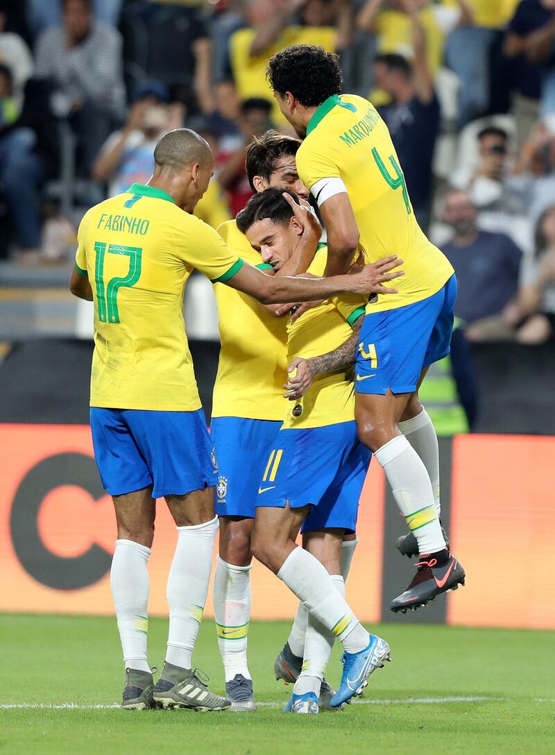 Abu Dhabi, United Arab Emirates - November 19, 2019: Brazils Philippe Coutinho scores the game between Brazil and South Korea. Tuesday, November 19th, 2017 at Mohammed Bin Zayed Stadium, Abu Dhabi. Chris Whiteoak / The National