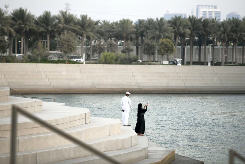 Sunset-AD Visitors taking photos outside the Louvre in Abu Dhabi on May 19, 2021. Khushnum Bhandari / The National 
Reporter: N/A News