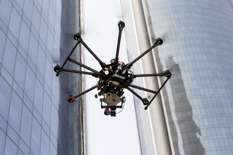 Technometer Middle East use drone technology with thermal camera to inspect the exterior of Etihad Towers in Abu Dhabi. Christopher Pike / The National