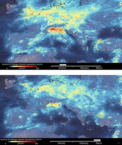 A combination of two animated images show the fluctuation of nitrogen dioxide emissions across Europe from January 2020 until March 11, 2020. New data from the Copernicus Sentinel-5P satellite reveal the decline of air pollution, specifically nitrogen dioxide emissions, over Italy.  This reduction is particularly visible in northern Italy which coincides with its nationwide lockdown to prevent the spread of the coronavirus, in this handout obtained by Reuters on March 13, 2020. European Space Agency/Handout via Reuters  THIS IMAGE HAS BEEN SUPPLIED BY A THIRD PARTY.
