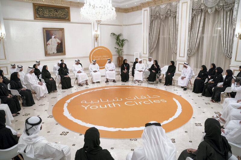 7ABU DHABI, UNITED ARAB EMIRATES - August 06, 2018: HH Sheikh Mohamed bin Zayed Al Nahyan Crown Prince of Abu Dhabi Deputy Supreme Commander of the UAE Armed Forces (11th R), attends a 'Youth Circle' hosted by the Federal Youth Authority, in celebration of the International Youth Day, at the Sea Palace. Seen with HH Sheikh Nahyan Bin Zayed Al Nahyan, Chairman of the Board of Trustees of Zayed bin Sultan Al Nahyan Charitable and Humanitarian Foundation (4th R), HH Sheikh Zayed bin Mohamed bin Zayed Al Nahyan (7th R), HH Sheikh Theyab bin Mohamed bin Zayed Al Nahyan, Chairman of the Department of Transport, and Abu Dhabi Executive Council Member (9th R), Ahmed Taleb Al Shamsi, Head of the Abu Dhabi Youth Council (10th R) and HE Shamma Suhail Al Mazrouei, UAE Minister of State for Youth Affairs (12th R). 

( Hamad Al Kaabi / Crown Prince Court - Abu Dhabi )
---