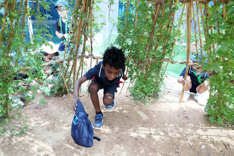 Students at the forest school area at the Gems Metropole School in Al Waha area in Dubai. Pawan Singh / The National