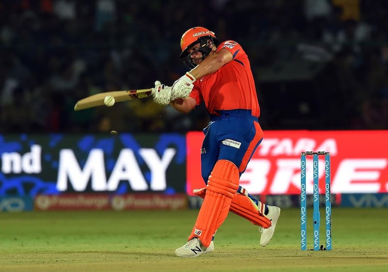 Gujarat Lions’ Aaron Finch plays a shot during the 2016 Indian Premier League match against Kolkata Knight Riders at Green Park stadium in Kanpur. Prakash Singh / AFP