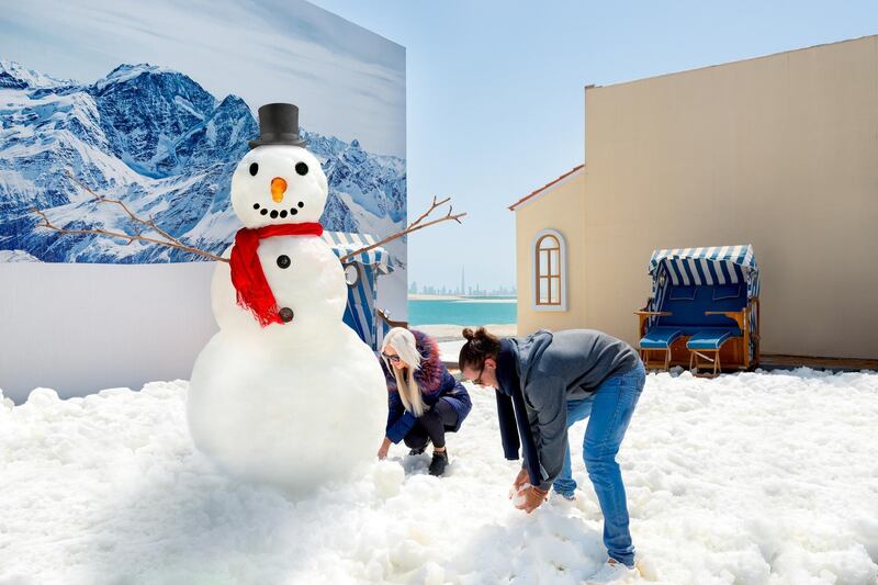 A snowman was built in the Heart of Europe to mark the hottest day ever recorded in the UAE. Courtesy The World 