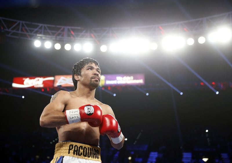 Manny Pacquiao, of the Philippines, waits to fight Timothy Bradley during their WBO welterweight title boxing bout Saturday, April 9, 2016, in Las Vegas. Isaac Brekken / AP Photo