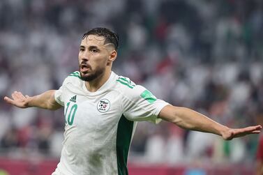 Algeria's forward Youcef Belaili celebrates after scoring the second goal during the FIFA Arab Cup 2021 semi-final football match between Qatar and Algeria at the Al-Thumama stadium in the Qatari capital of Doha on December 15, 2021.  (Photo by KARIM JAAFAR  /  AFP)
