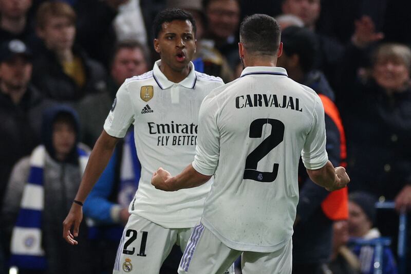 Real Madrid's Rodrygo celebrates scoring the opening goal. AFP