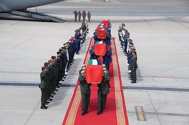 The bodies of six Emirati servicemen arrived in the UAE on Saturday. Courtesy Wam  