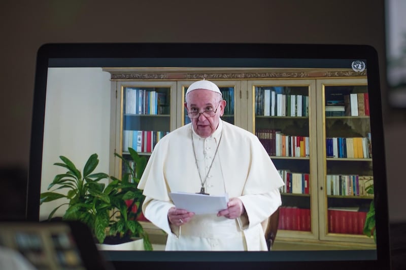 Pope Francis speaks during the United Nations General Assembly seen on a laptop computer in Hastings on the Hudson, New York, US. Bloomberg